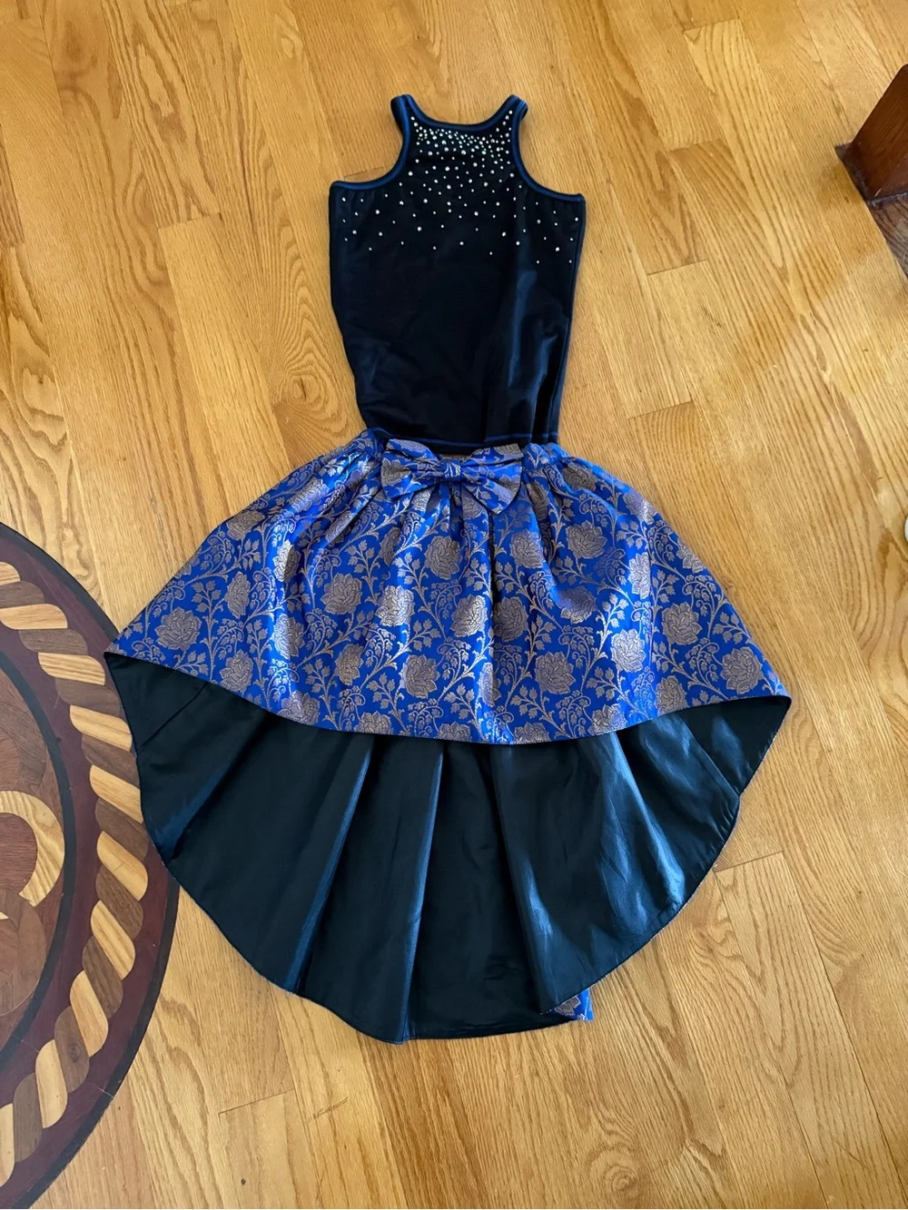 Girls' Navy Blue & Black High-Low Formal Dress with Embellished Bodice